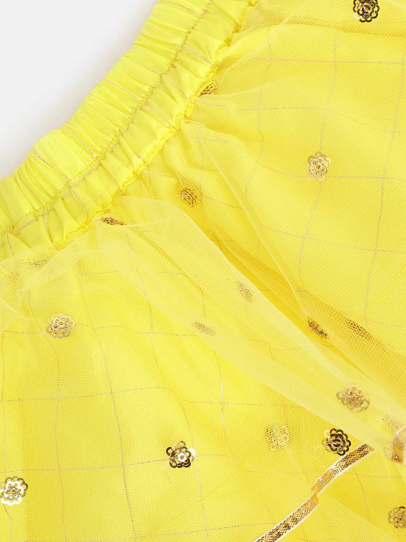 Saka Designs Lemon yellow ruffled Lehenga choli with sequenced work