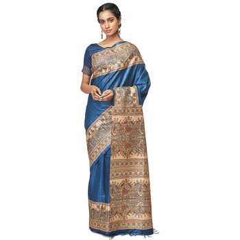 Multicolor Madhubani Print pure tussar silk saree with blouse 1