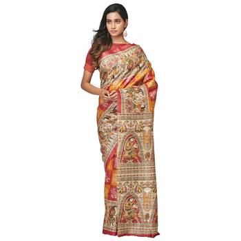 multicolor printed pure tussar silk saree with blouse 1