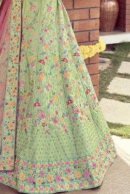 Green embroidered silk semi stitched lehenga 2