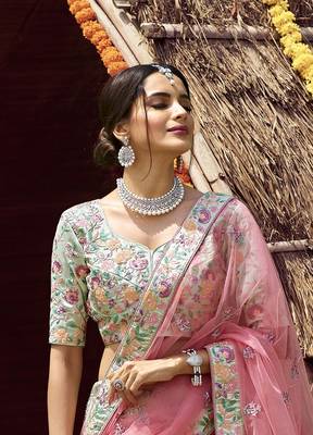Green embroidered satin semi stitched lehenga 2