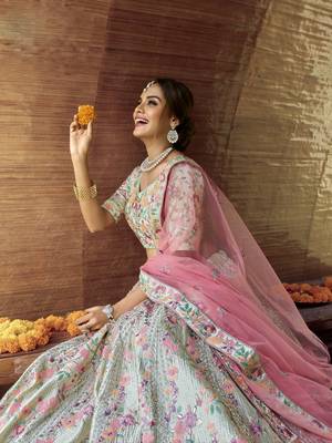 Green embroidered satin semi stitched lehenga 3