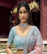 Turquoise embroidered organza semi stitched lehenga