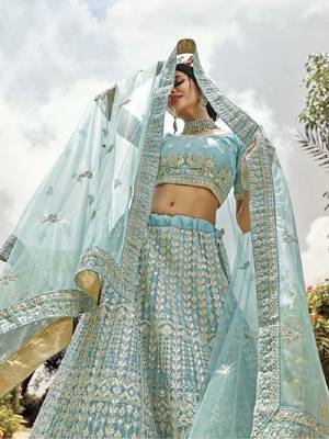 Turquoise embroidered organza semi stitched lehenga 3