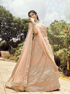 Peach embroidered organza semi stitched lehenga 2