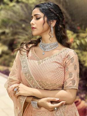 Peach embroidered organza semi stitched lehenga 3