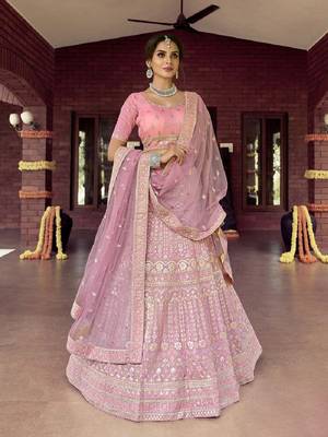 Pink embroidered organza semi stitched lehenga 1