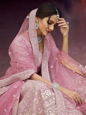 Pink embroidered organza semi stitched lehenga 2