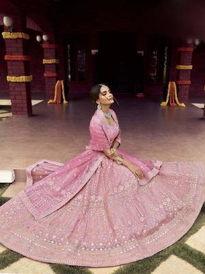 Pink embroidered organza semi stitched lehenga 3