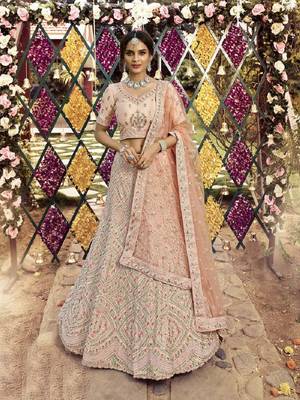 Peach embroidered crepe semi stitched lehenga 1
