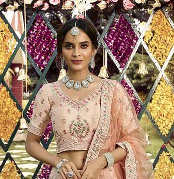 Peach embroidered crepe semi stitched lehenga 3