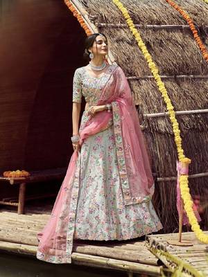Green embroidered satin semi stitched lehenga 1