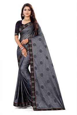 Gray heavy teri jacquard  silk  sari with teri jacquard silk blouse saree with fancy lace. 1