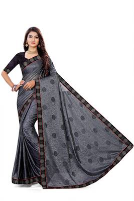 Gray heavy teri jacquard  silk  sari with teri jacquard silk blouse saree with fancy lace. 2