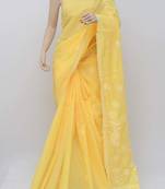 Yellow embroidered cotton saree with blouse