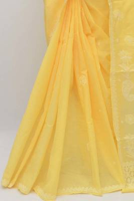 Yellow embroidered cotton saree with blouse 4