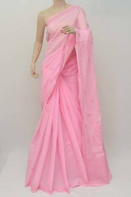Pink embroidered cotton saree with blouse 1