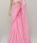Pink embroidered cotton saree with blouse