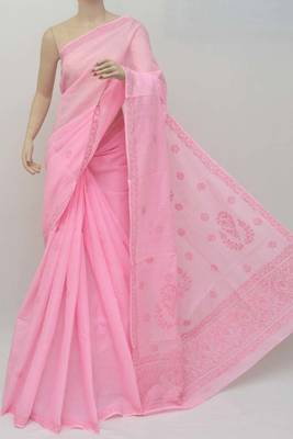 Pink embroidered cotton saree with blouse 2
