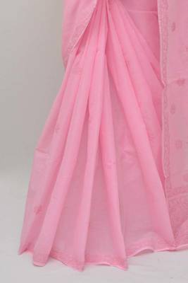 Pink embroidered cotton saree with blouse 4