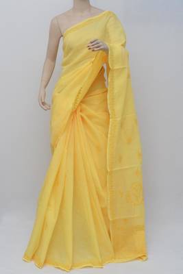 Yellow embroidered cotton saree with blouse 1
