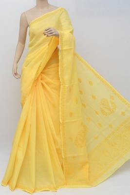Yellow embroidered cotton saree with blouse 2