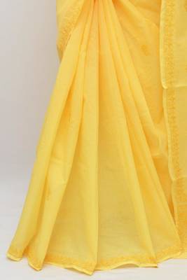 Yellow embroidered cotton saree with blouse 4