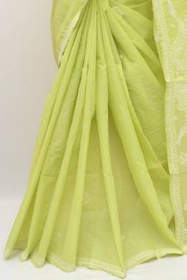Green embroidered cotton saree with blouse 4
