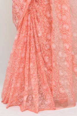 Red embroidered georgette saree with blouse 4