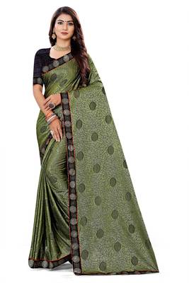 Pista green heavy teri jacquard  silk  sari with teri Jacquard silk blouse with fancy lace. 1