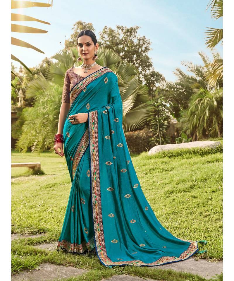 Sanjh Ferozi colour barfi silk embroidered saree