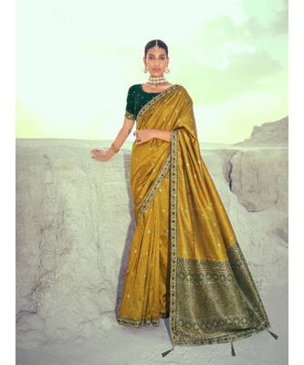 Nikhaar Mustard Premium quality slub silk with swarovski work 1