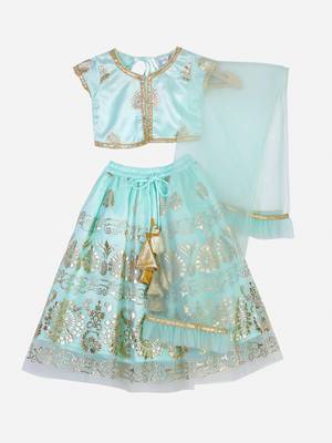 Saka Designs Sea Green Lehenga Choli With Gold Foil Print 1