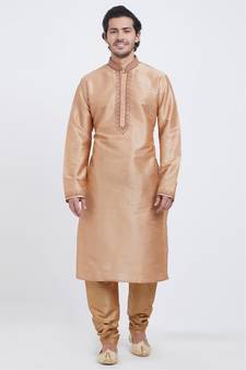 Gold plain art silk kurta-pajama