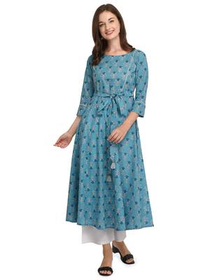 Sky-blue printed cotton cotton-kurtis 1