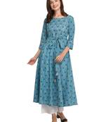 Sky-blue printed cotton cotton-kurtis