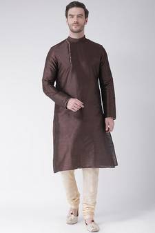 Brown plain art silk kurta-pajama