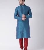 Green plain art silk kurta-pajama