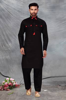 Black plain cotton poly pathani-suits 3