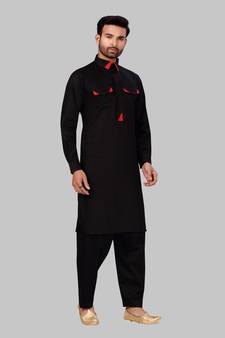 Black plain cotton poly pathani-suits
