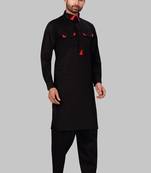 Black plain cotton poly pathani-suits