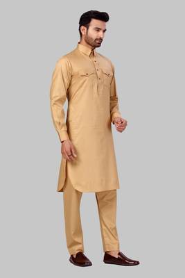 Gold plain cotton poly pathani-suits 3