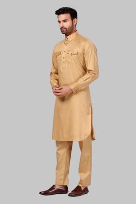 Gold plain cotton poly pathani-suits 1