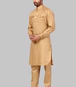 Gold plain cotton poly pathani-suits