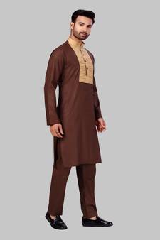 Brown plain cotton poly kurta-pajama