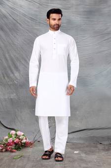 White plain cotton poly kurta-pajama