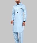 Blue plain cotton poly pathani-suits