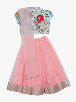 Saka Designs Flowery Print Choli In Blue With Neon Pink Lehenga 1