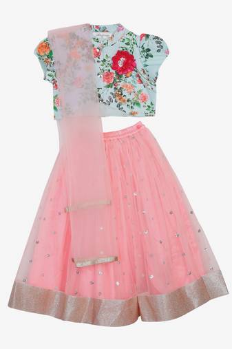 Saka Designs Flowery Print Choli In Blue With Neon Pink Lehenga