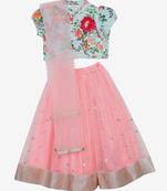 Saka Designs Flowery Print Choli In Blue With Neon Pink Lehenga